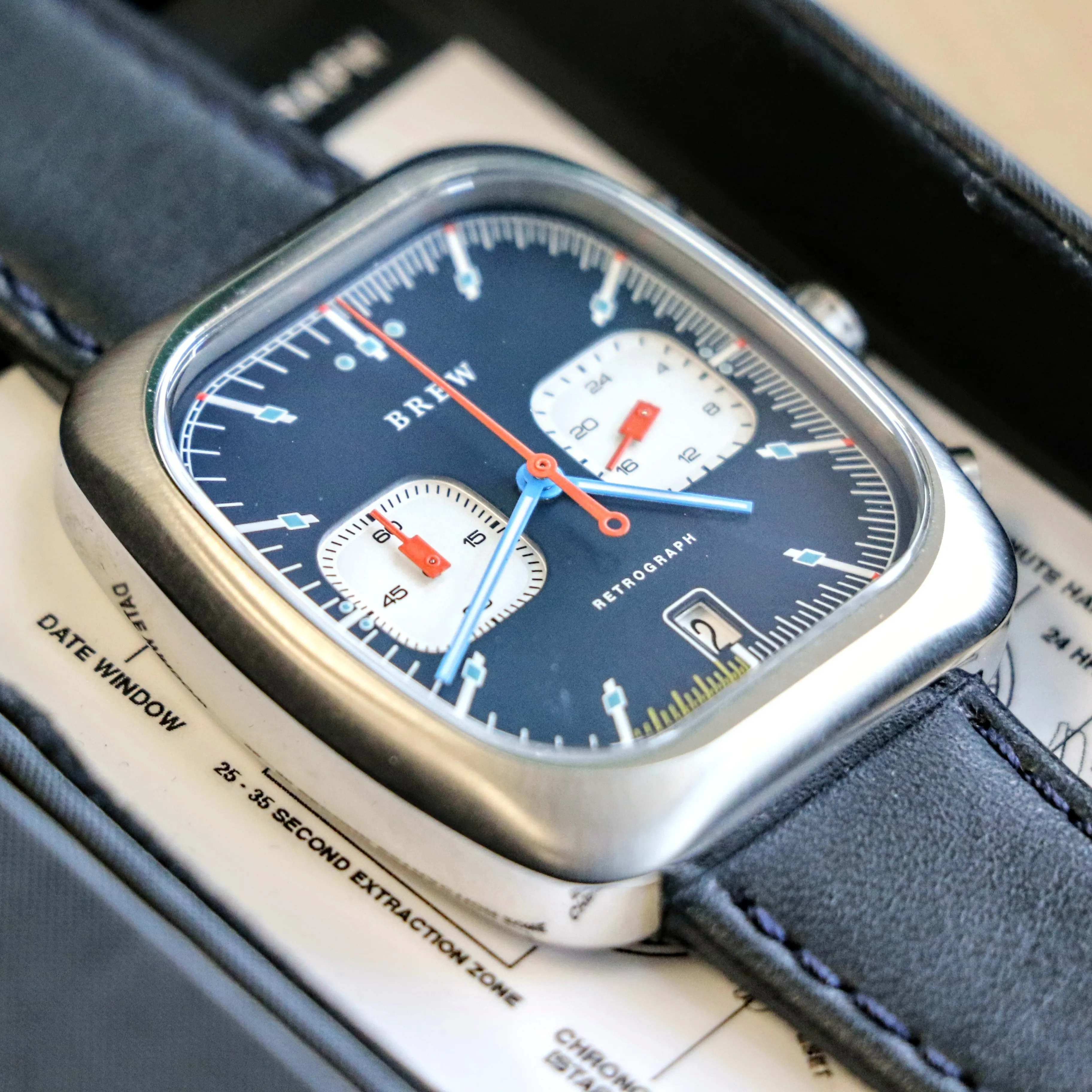 BREW Retrograph - Technicolor Watch Date Indicator - Full Kit   Extra Box w/ Extra Stainless-Steel Bracelet