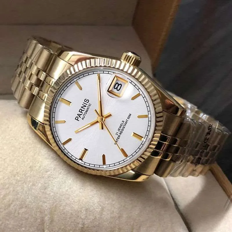 Parnis 36mm Datejust Automatic Full Gold Homage Watches